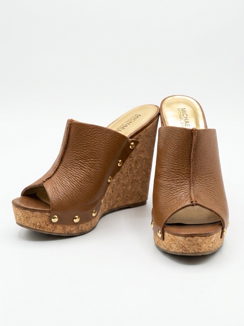 Michael Kors Tan Leather Cork Wedge Slide with Gold Studs